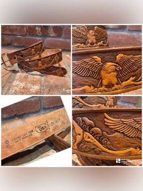 Vintage Tooled/ embossed EAGLE & FLOWER DESIGN LEATHER BELT size 38